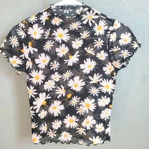 Ladies Short Sleeve Black Floral Pattern Blouse Top